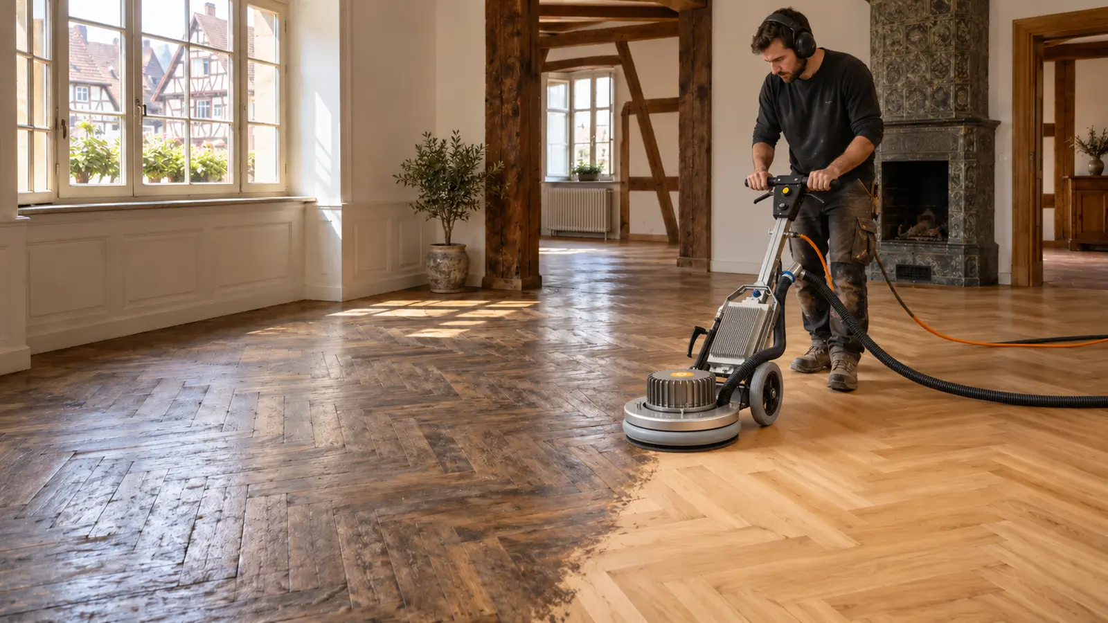 Ponçage mécanique d’un parquet avec une machine professionnelle